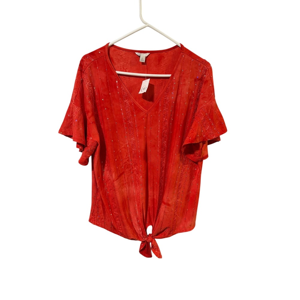 NWT Cato Size 1 Womens Red‎ Sequin Embroidered Tie Front Flutter Sleeve Blouse
